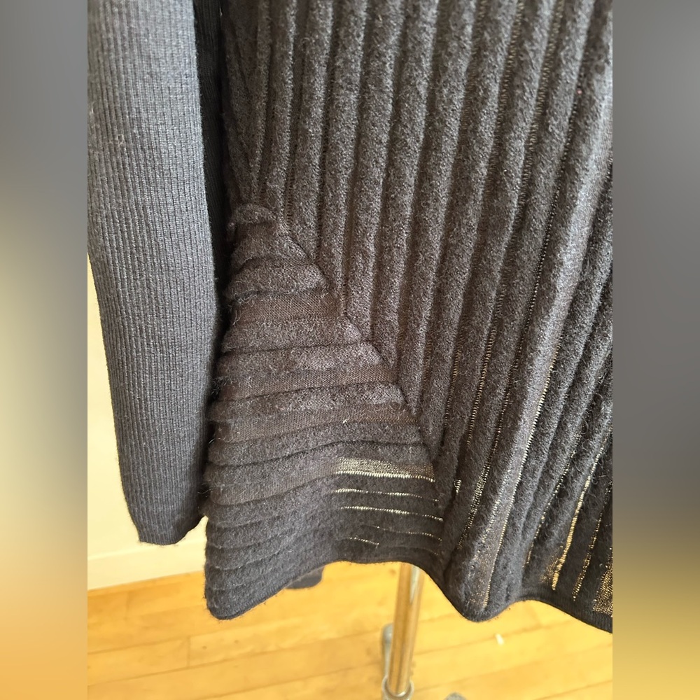 EILEEN FISHER Black Felt Ladder Italian Asymmetrical Hem Wool Cardigan, Sz L - Picture 8 of 14